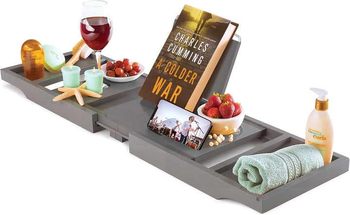 Bathtub Tray - Expandable Bamboo Bath Tray for Tub with Wine Glass Holder, Book & Tablet Stand - Wooden Bathtub Caddy Tray Table for Bathroom Accessories, Spa Relaxation, Housewarming & Wedding Gift