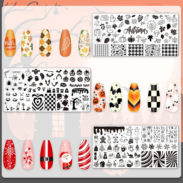 6Pcs All Holiday Nail Art Plates Valentines Stamptemplates Set Winter Christmas Fall Nail Plates Stamping for Xmas DIY Print Manicure Salon Design Gift