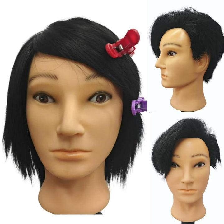Mannequin Head Human Hair for Hair Styling, Barber Mannequin Head Male with 100% Human Hair and Beard Cosmetology Training Manikin Head with Stand