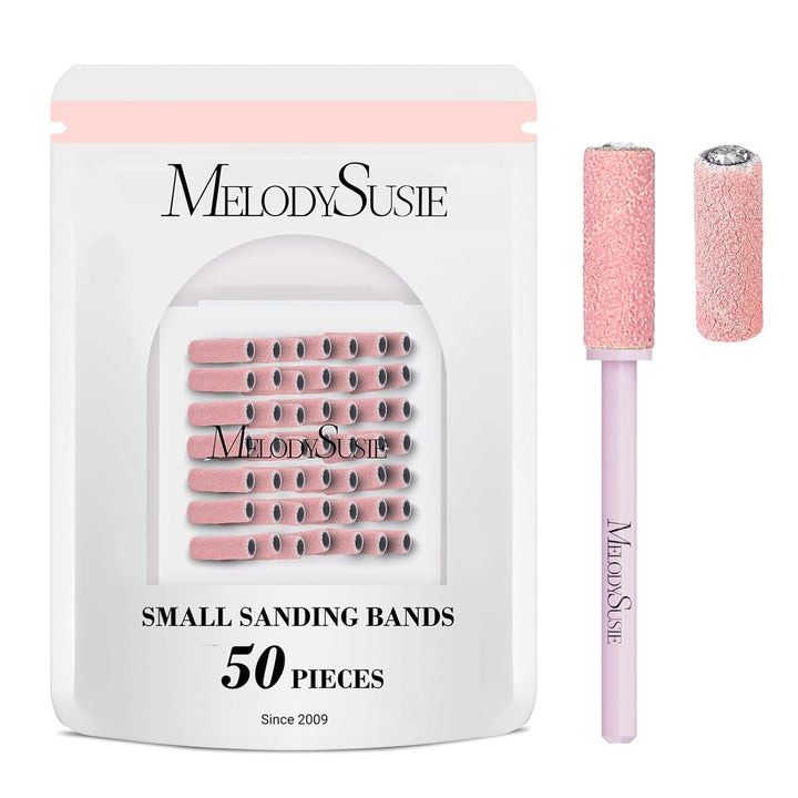 50 Pcs Nail Drill Bits Small Sanding Bands with 3.1Mm Mandrel Bit, 180 Fine Grit Nail File for Acrylic Nails Gel Manicures and Pedicure, Pink