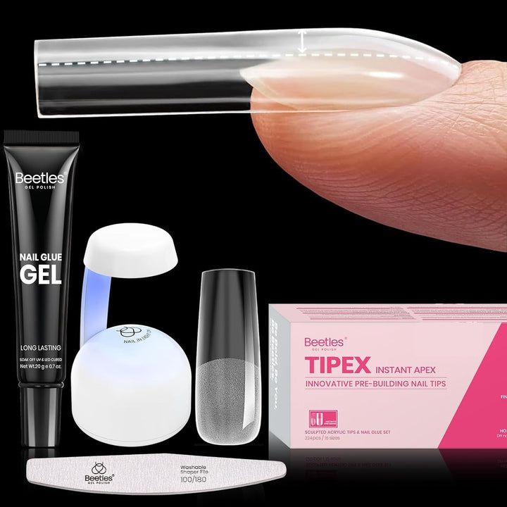 Beetles Tipex Nail Kit, Square Medium Nail Tips 224 Pcs 16 Sizes Pre-Etched Fake Nails with Tipex Nail Glue Mini Nail Lamp - Thick Acrylic Nail Set Pre-Builder Gel Press-On Nails