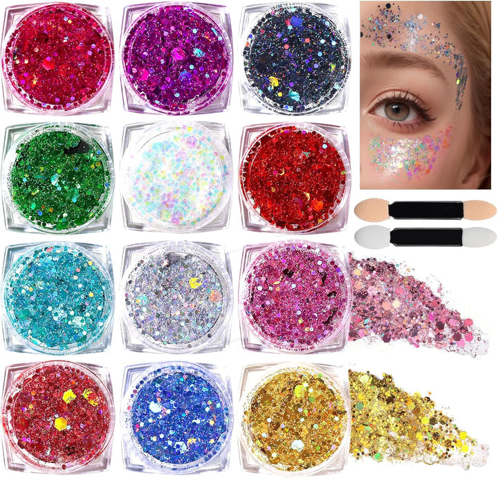 Body Glitter Face Glitter Makeup Festival Glitter, 12 Colors Face and Body Glitter Gel, Hair Glitter Gel, Body Makeup