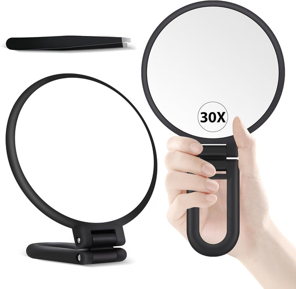 30X Magnifying Mirror, Hand Mirror with Handle, Double Sided Hand Mirror with 30X/1X Magnification, Travel Essential Portable Foldable Makeup Mirror for Precision Makeup Black