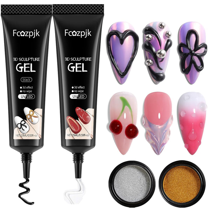 3D Sculpting Gel for Nail Art, 2PCS 10G Clear 3D Gel Liner Polish Carving Modeling Gels for Nail Design, 5D Embossed Candy Gels with Gold Silver Chrome Powder Kit