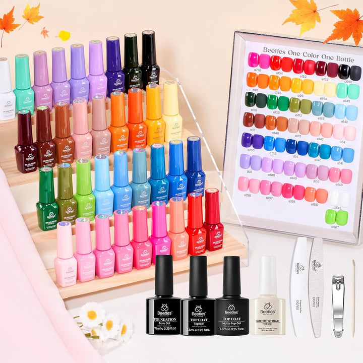 44Pcs Fall Gel Nail Polish Set 36 Colors Brown Burgundy Red Blue Purple Orange Green Black Nude White with Base Top Coat UV LED Needed Salon DIY at Home Gift for Women Colorful Muse
