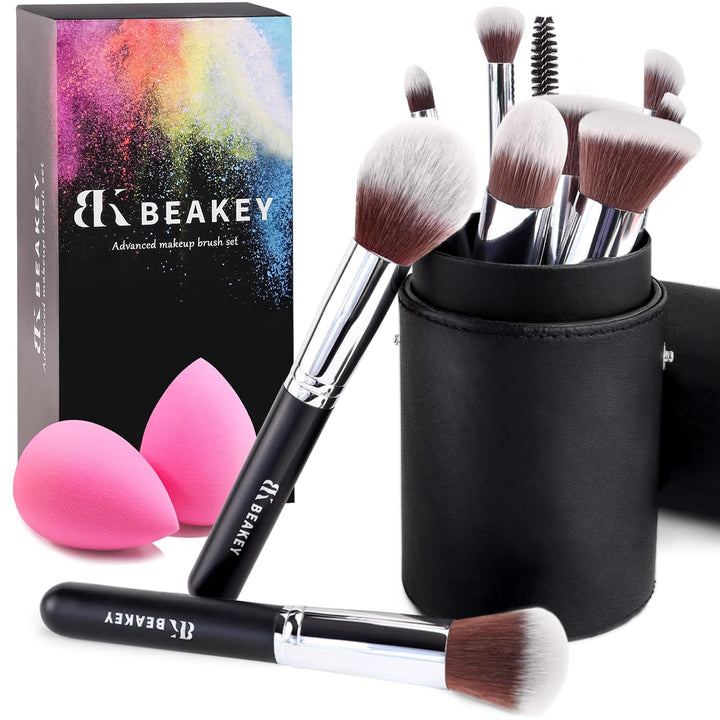 Makeup Brushes Set, Professional Foundation Eyeshadow Concealer Blush Powder Bronzer Applicator, 2 Blender Sponge with Beauty Paper Case Stocking Stuffers for Women