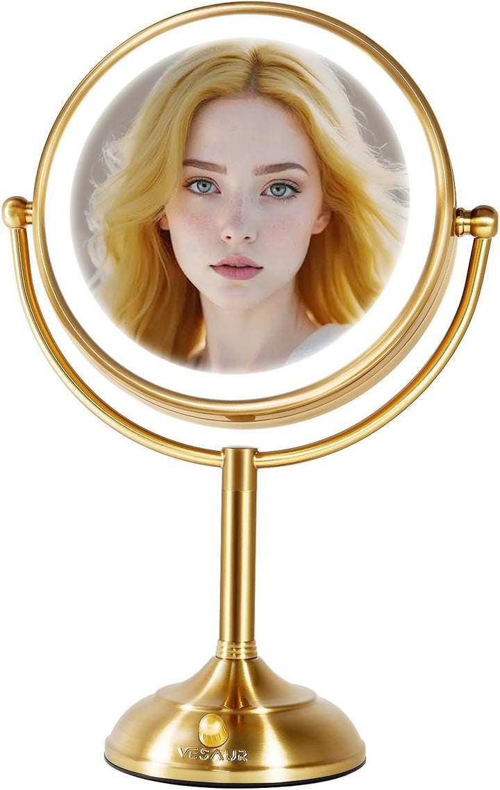 Professional 8.5" Large Lighted Makeup Mirror with Brighter Lights, 1X/10X True HD Magnifying Mirror with 3 Color Dimmable Lights, 90 Shadowless Leds, 360°Swivel Seamless Vanity Mirror, Pearl Nickel