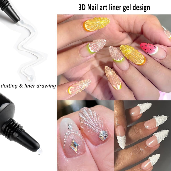 3D Sculpting Gel for Nail Art, 2PCS 10G Clear 3D Gel Liner Polish Carving Modeling Gels for Nail Design, 5D Embossed Candy Gels with Gold Silver Chrome Powder Kit