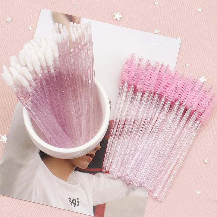 200Pcs Eyelash Extension Supplies Kit,Disposable Lash Spoolies Brushes Micro Swab Brushes Mascara Wand Lip Brushes for Eyelash Extension Tattoo Lipstick Applicator (Crystal Pink)