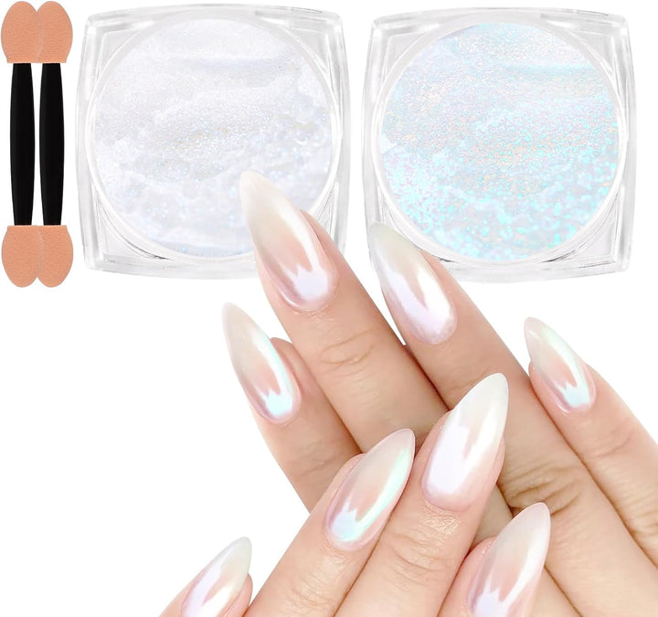 White Pearl Chrome Nail Powder, Iridescent Aurora Powder Metallic Mirror Effect Glitter Powder Pearlescent Ice Transparent Mermaid Pigment Pearl Glitter Dust Kit for Nail Art Decoration