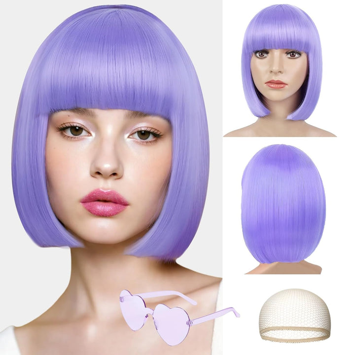 Short Bob Hair Wigs Straight with Flat Bangs Synthetic Colorful Cosplay Daily Party Neon Wig for Women + Free Wig Cap 14" Natural as Real