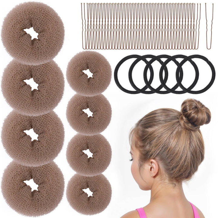 Hair Bun Maker for Kids, 4PCS Donut Bun Maker Small with 4PCS Extra Small Hair Buns Kit. Ballet Hair Bun Maker for Kids, Hair Bun Set with Elastic Hair Ties, Hair Pins.(Brown)