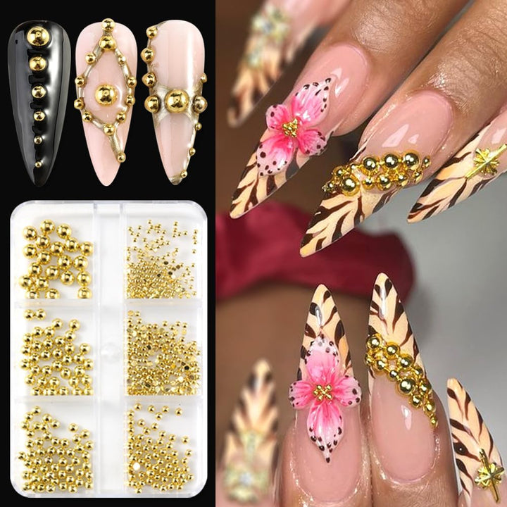 3D Mixed Sizes Nail Art Studs Gold Silver Mini Metal Caviar Nails Beads Ball Nail Rivets Jewelry for Women Girls Manicure Nails Supplies DIY Crafts Decorations
