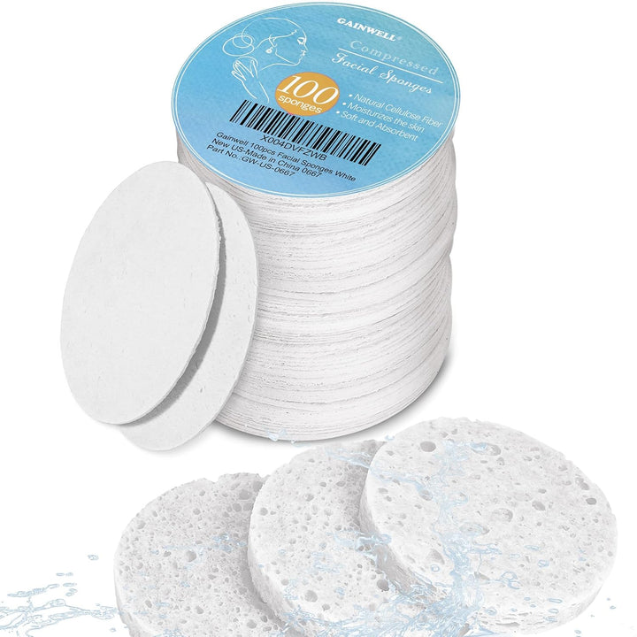 50-Count Compressed Facial Sponges,  White Cellulose 100% Natural Cosmetic Spa Sponges for Facial Cleansing, Exfoliating Mask, Makeup Removal