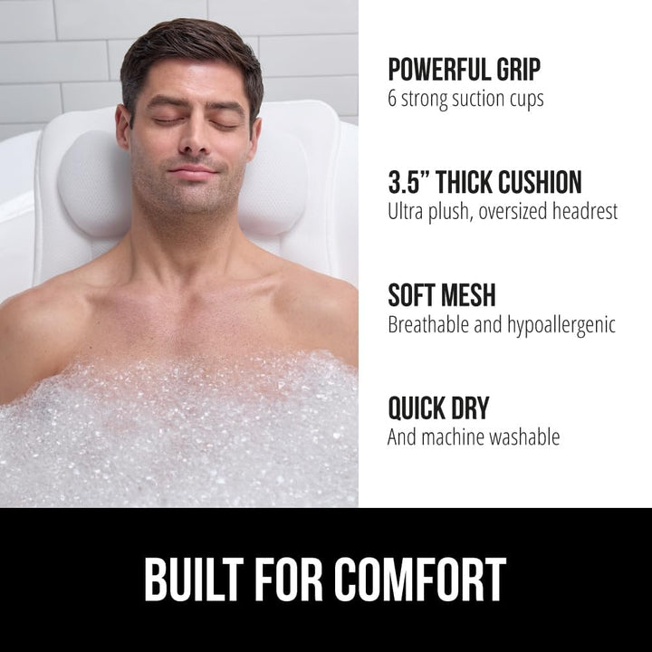 Bath Pillow for Tub with Powerful Suction Cups, Headrest Bathtub Pillows for Neck and Back Support, Machine Washable, Bathtub Accessories for Women, Relaxing Spa Gift Essentials, White