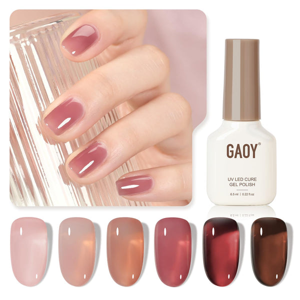 Rose Garden Jelly Gel Nail Polish of 6 Transparent Nude Red Pink Brown Colors Sheer Gel Polish Kit for Salon Manicure and Nail Art DIY at Home