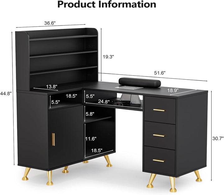 L Shaped Manicure Table with Dust Collector, 52" L Corner Nail Desk for Nail Techs, W/Polish Display Rack Arm Rest, Acetone Resistant Top, Drawer and Cabinet Storage, for Nail Salon (Black)