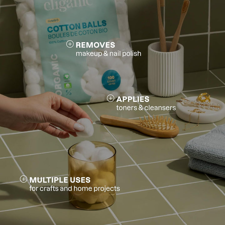 Organic Super Jumbo Cotton Balls (100 Count) - Hypoallergenic, Absorbent, Large Size, 100% Pure (Packaging May Vary)