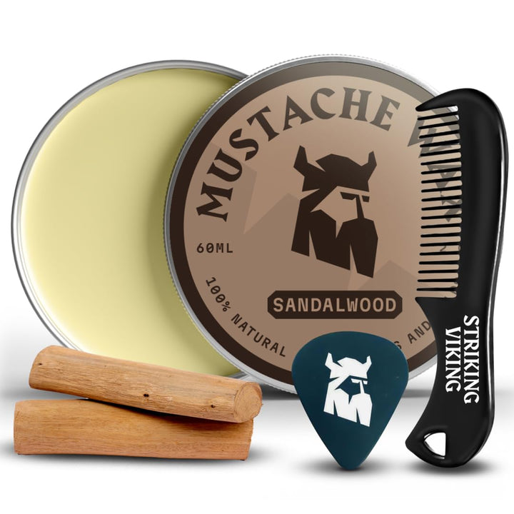 Mustache Wax Kit & Comb Set - 2 Oz, Medium/Strong Hold, Sandalwood Scent - Grooming Kit for Men with Pocket Mustache Comb & Beard Wax Alternative, Non-Greasy Styling