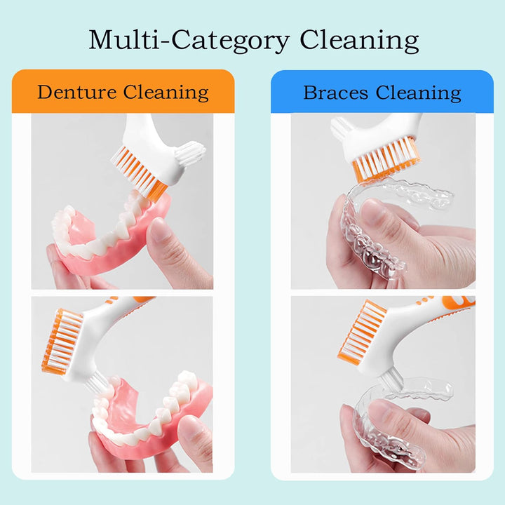 Denture Brush 4Pcs Denture Toothbrushes，Denture Cleaning Care Cleaning Brush ，Double Sided Toothbrush，Multi-Layered Bristles and Rubber Anti-Slip Handle (Purple, Green, Blue, Orange)