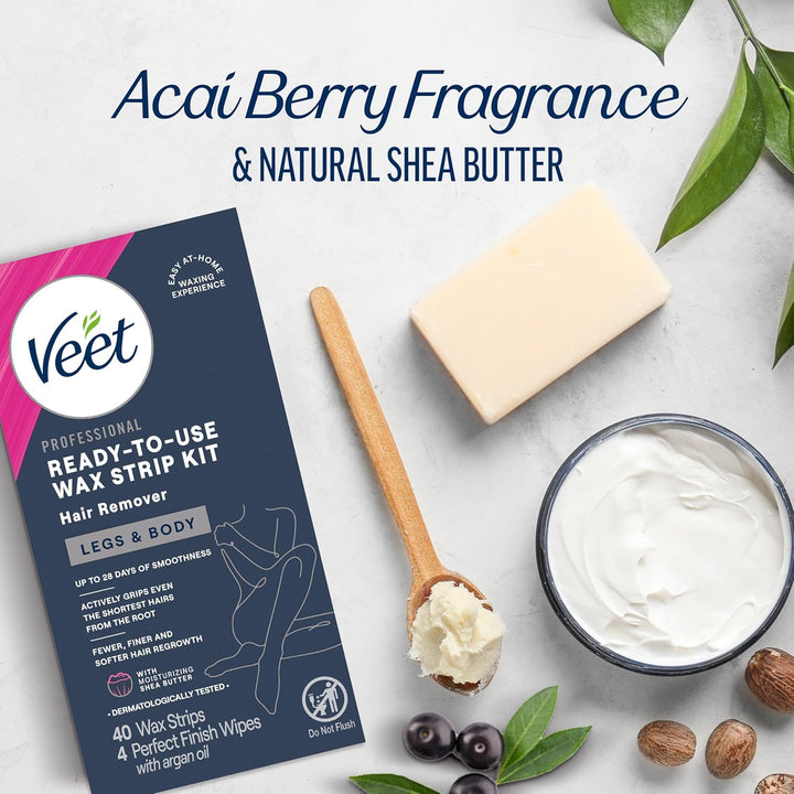 Sugar Wax Strips for Women'S Body Hair Removal, Bikini Hair Removal Kit, Pubic, Dermatologically Tested for Body & Intimate Areas, 40Ct Wax Strips with Shea Butter & 4Ct Wipes