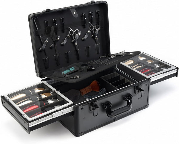 Professional Barber Case with Cap Clear Dustproof, Barber Suitcase 6 Clipper Slots & 8 Shear Holders, 17.13" Portable Aluminum Organizer for Hair Stylists & Pet Groomers
