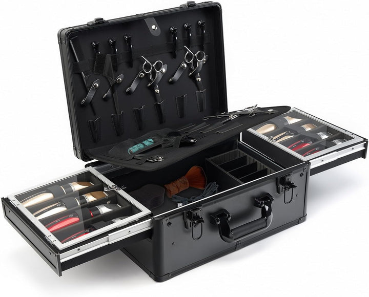 Professional Barber Case with Cap Clear Dustproof, Barber Suitcase 6 Clipper Slots & 8 Shear Holders, 17.13" Portable Aluminum Organizer for Hair Stylists & Pet Groomers