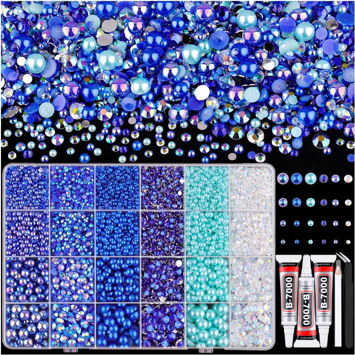 9000PCS Flatback Pearls and Pink Rhinestones for Bedazzling Kit, Pink White 3-10Mm Resin Rhinestones Gems and Half Pearls for Crafting, Nail Art and Grad Cap Decor with B7000 Jewelry Glue