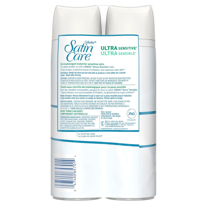 Satin Care Ultra Sensitive Shave Gel for Women, Pack of 2, 7Oz Each, Frangrance Free