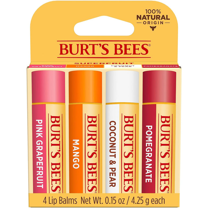 Lip Balm - Pink Grapefruit, Mango, Coconut & Pear, and Pomegranate Pack, Lip Moisturizer with Beeswax, Tint-Free, Natural Origin Conditioning Treatment, 4 Tubes, 0.15 Oz.