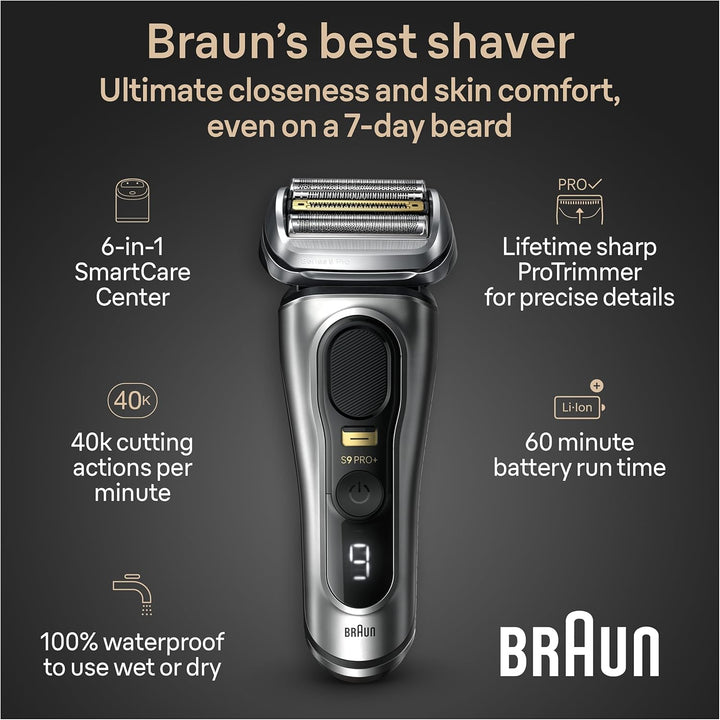 Series 9 PRO+ Electric Razor for Men, 5 Pro Shave Elements & Precision Long Hair Trimmer, 6In1 Smartcare Center, Wet & Dry Electric Razor for Smooth Skin with 60Min Battery Runtime, 9567Cc