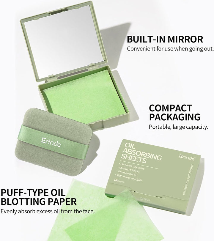 Oil Blotting Sheets for Face with Mirror and Puff, 300 Sheets Oil Blotting Paper for Oily Skin, Face Oil Absorbing Sheet, Natural Oil Control Film, Absorb Excess Oil, Makeup Friendly