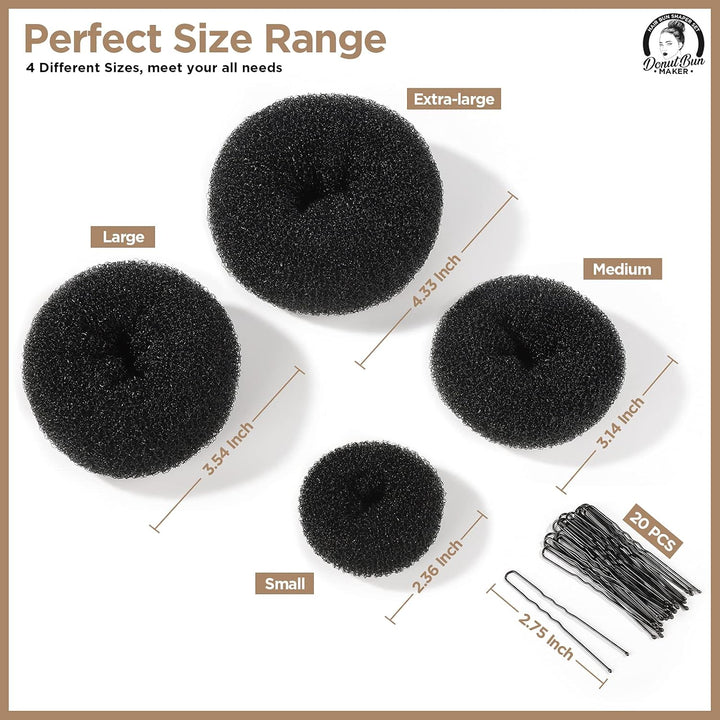 Hair Donut, Hair Bun Maker, Black（Extra-Large, Large, Medium and Small）