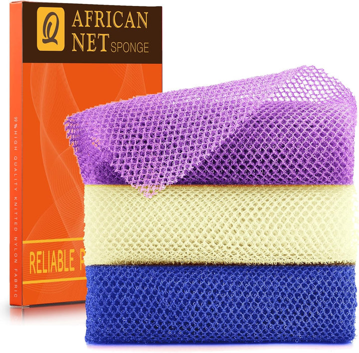 3 Pieces African Bath Sponge African Net Long Net Bath Sponge Exfoliating Shower Body Scrubber Back Scrubber Skin Smoother,Great for Daily Use (Pink,Yellow,Purple)