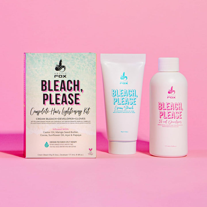 Bleach Please Hair Lightening Kit Cream Bleach, 35 Volume Developer and Latex Free Gloves Infused with Acai, Cocoa, Sunflower Oil & Papaya! Vegan and Cruelty Free