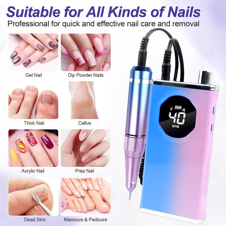 Electric Nail Drill File Professional 40000 RPM,  Rechargeable Electric Nail File Machine Kit for Acrylic Gel Nails Polishing Removing, Portable Cordless Efile with Gold Bits Kit at Salon Home
