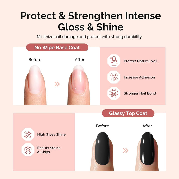 Top Coat Builder Gel Base Coat No Wipe Glossy Set Long Lasting Shine Finish Soak off UV LED Nail Lamp Nail Polish Art Design Manicure Kit Perfect Gifts for Women Girls 3 Pcs 15Ml Clear