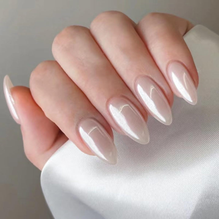 Press on Nails Almond Fake Nails French Tip False Nails with Gold Line Design Glue on Nails Press Ons Medium Acrylic Nails Glossy Full Cover Stick on Nails for Women Manicure 24Pcs