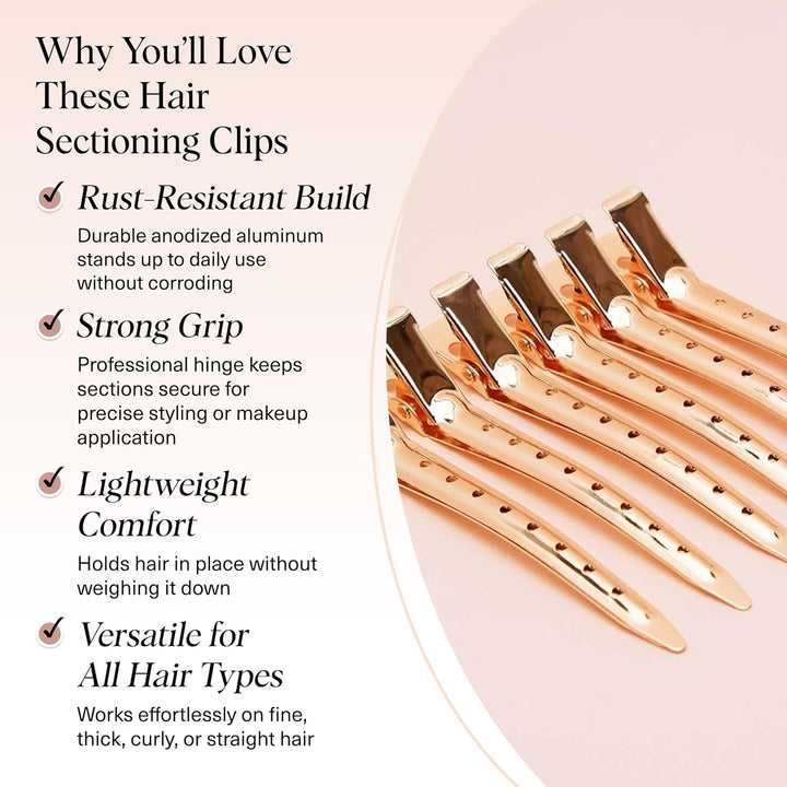 Professional Alligator Clips for Hair Styling – 3.5" Aluminum Hair Sectioning Clips for Salon & Makeup Application | Ideal Gifts for Women – Rose Gold, 6 Pcs