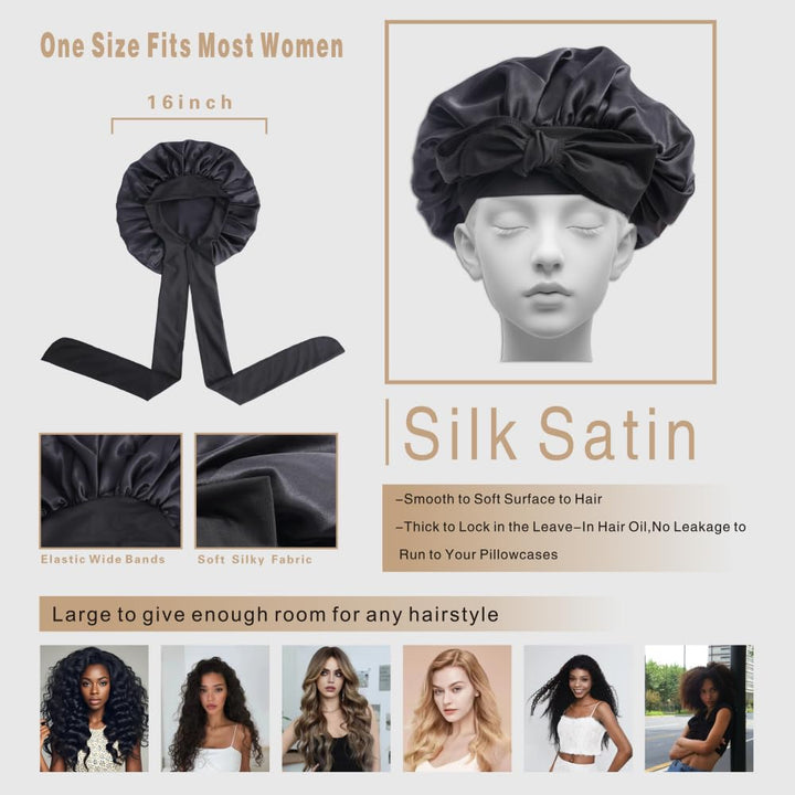 Silk Bonnet for Sleeping Women, Ajustable Hair Bonnet for Curly Hair with Tie Band Shower Caps Black，Large