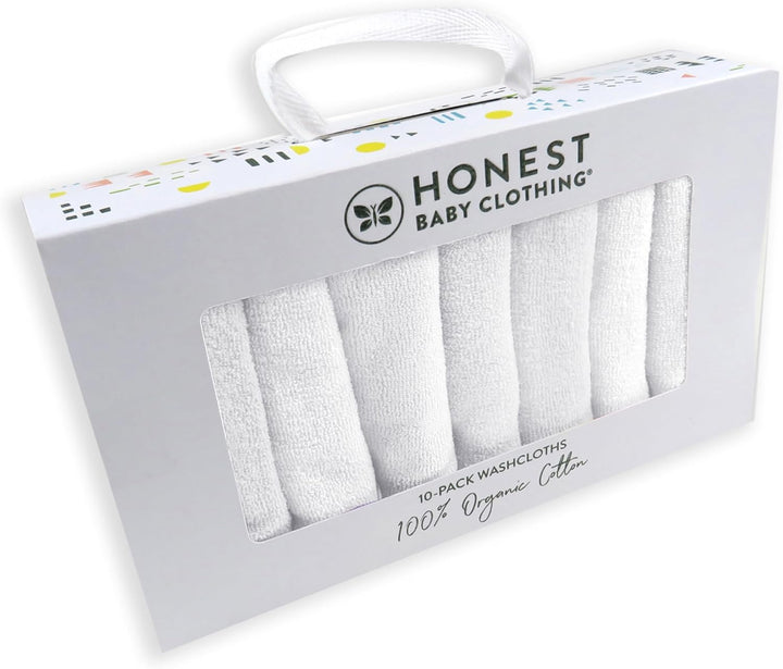 10-Pack Terry Wash Cloths in Gift Box 100% Organic Cotton for Infant Baby Boys, Girls, 10-Pack White, One Size
