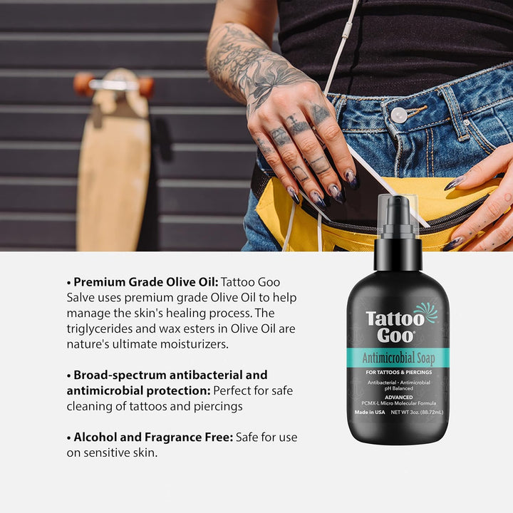 Aftercare Kit Includes Antimicrobial Soap, Balm, and Lotion, Tattoo Care for Color Enhancement + Quick Healing - Cruelty-Free, Petroleum-Free, Tattoo Artist Gifts (3 Piece Set)