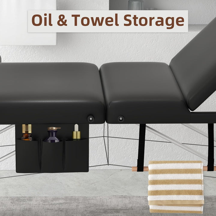 Massage Table, 3 Fold Portable Professional Lash Tattoo Spa Bed, Height Adjustable 23.5" Wide Compact Facial Table with Detachable Oil Pocket Towel Rod Face Cradle Armrest, Aluminum Feet & Black