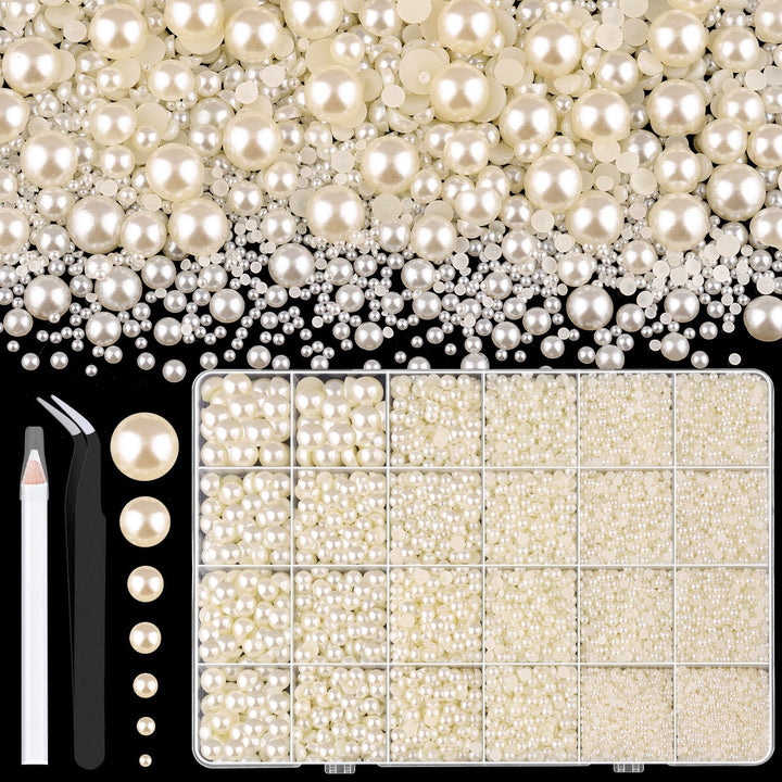 16500Pcs Flatback Pearls for Crafting (White), Assorted Size 2/3/4/5/6/8/10Mm Half Pearl with 3Pcs 10Ml B7000 Jewelry Glue, Bedazzling Kit for DIY Crafts Clothing Tumbler Shoes Embellishment Nail Art
