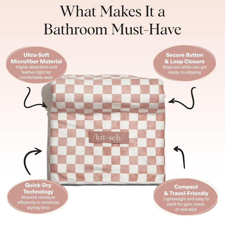 XL Microfiber Hair Towel Wrap for Women – Ultra Absorbent Microfiber Towel for Wet, Curly, Long or Short Hair – Quick Dry, Anti-Frizz Hair Wrap – Terracotta Checkered, 40X24 Inches