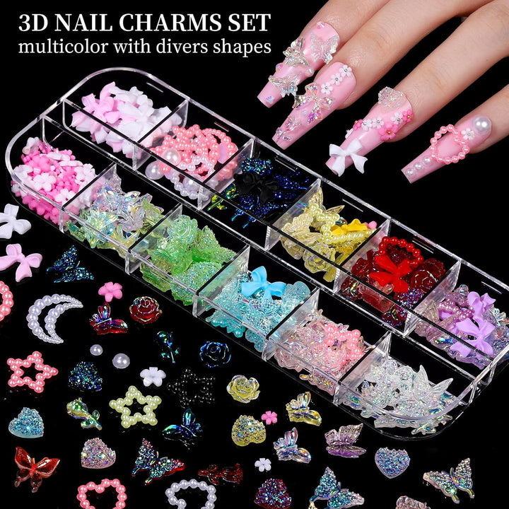 Nail Charms, Nail Rhinestones Kit with 8 Boxes of Nail Gems, 3D Charms for Nails, Colorful Clear Flatback Rhinestones, Multi Shape Pearls Jewels Crystals for Craft