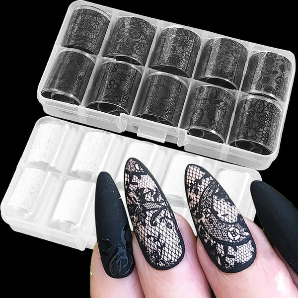 20 Rolls Lace Nail Foil White and Black Nail Transfer Foil Flower Nail Art Foils Decals Holographic Foils for Nails Manicure Stickers for DIY Acrylic Nails Decoration