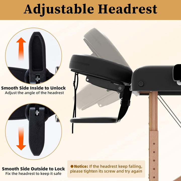 Massage Table Massage Bed Portable, 29 Lbs Light Weight 2 Section Foldable Tattoo Bed Facial Care Spa Lash Bed Height Adjustable Sturdy Wooden Frame with Accessories Carrying Bag, Black