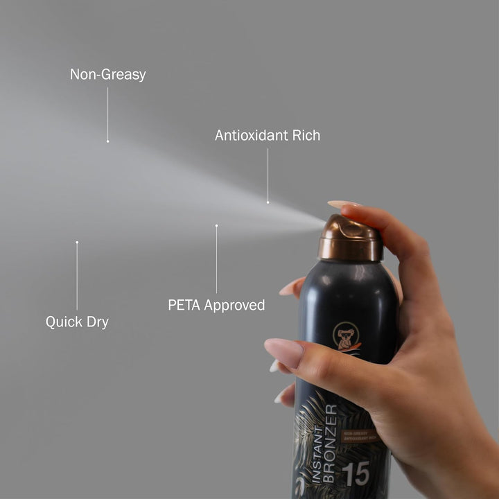 Continuous Spray Sunscreen with Instant Bronzer SPF 15, Immediate Glow & Dries Fast, Broad Spectrum, Water Resistant, Non-Greasy, Oxybenzone Free, Cruelty Free, 6 Ounce