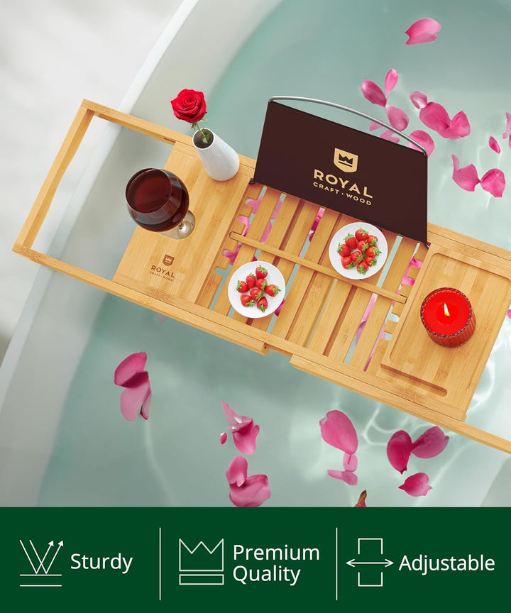 Premium Foldable Bathtub Tray Caddy - Wood Bath Tray for Tub, Bamboo Shelf, Expandable Bath Table Trays, Bathtub & Bathroom Accessories for New Home & Mothers, Birthday Gifts for Mom